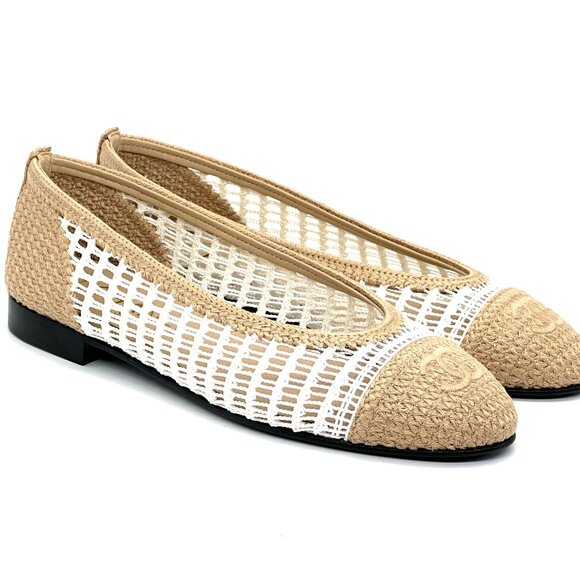 CHANEL REV CC Raffia Crochet Woven Two Tone Cap Toe Ballerina Ballet Flats - Picture 7 of 14